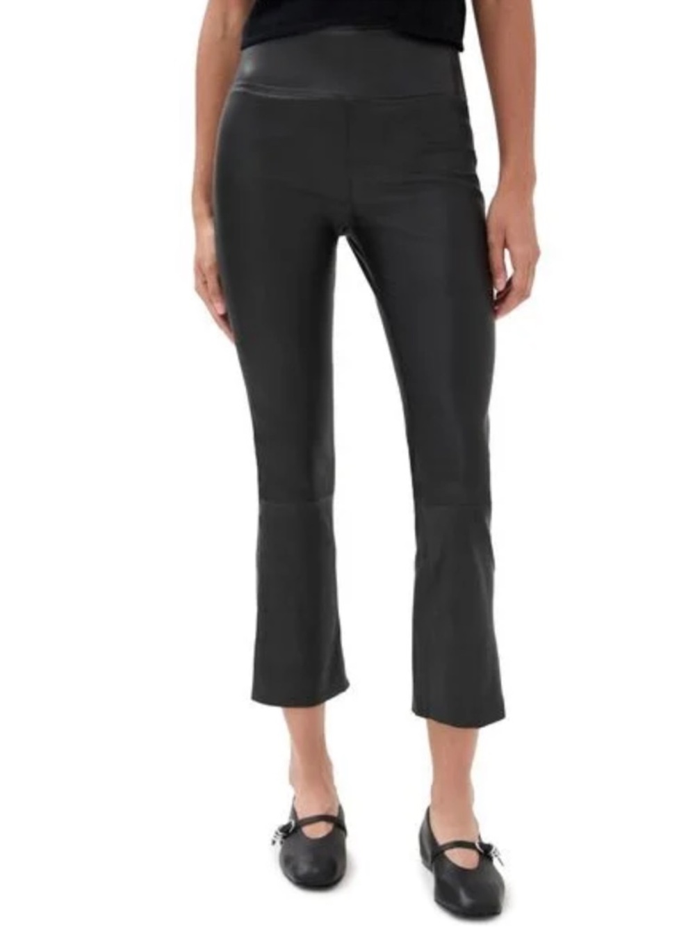 SPRWM 100% Lamb Leather High Rise Stretch Black Crop Flare Pants XS